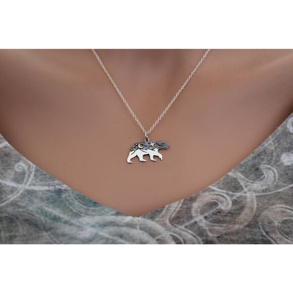 Sterling Silver Bear Charm with Mountains and Bronze Moon Necklace - Picture 4 of 4